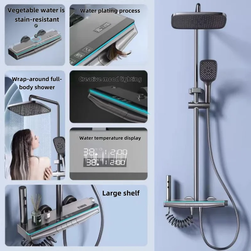 Contemporary Thermostatic Gun Grey Piano Key Shower System Exposed Faucet Mixer Set for the Bathroom Basin Faucets