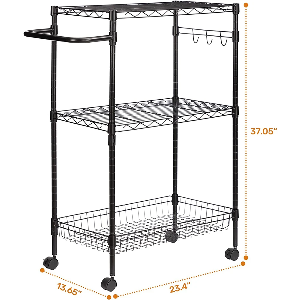 3 Tier Metal Utility Kitchen Serving Cart on Wheels with Wire Shelving Shelving  BlacK Wire Rolling Cart with Handle Bar,