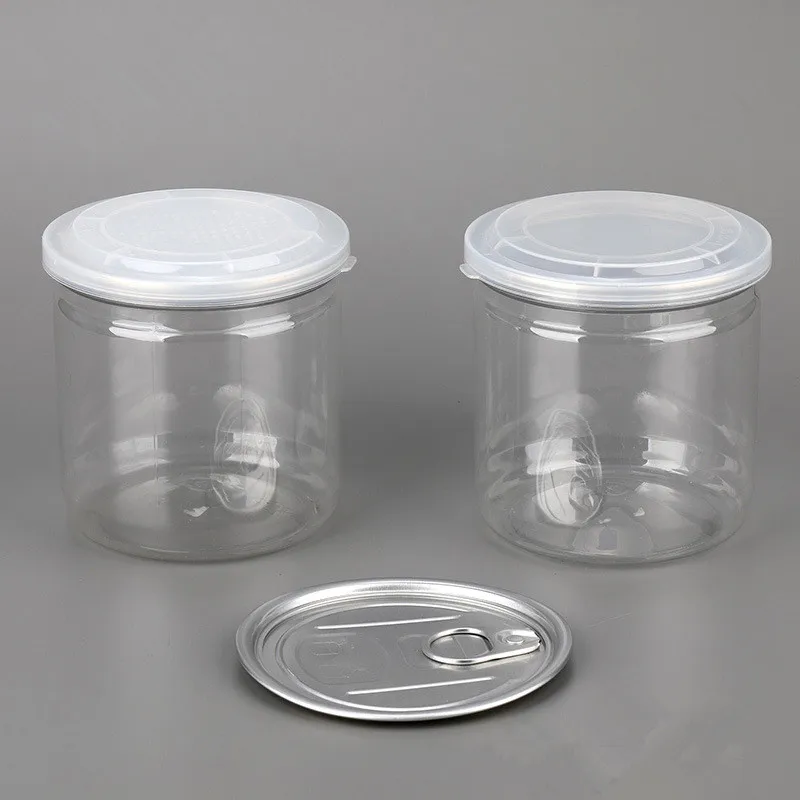 MAYSURE 450ml PET Can Flat Bottom Transparent Plastic Food Can with Aluminium Easy Open Ends Jar for Dry Food Packing