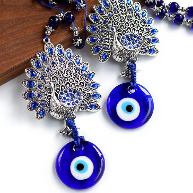 Blue Eyes Metal Peacocks Pendant Abstract Home Decor Talisman to Ward off Evil & Bring Good Luck Car Hanging & Wall Deco