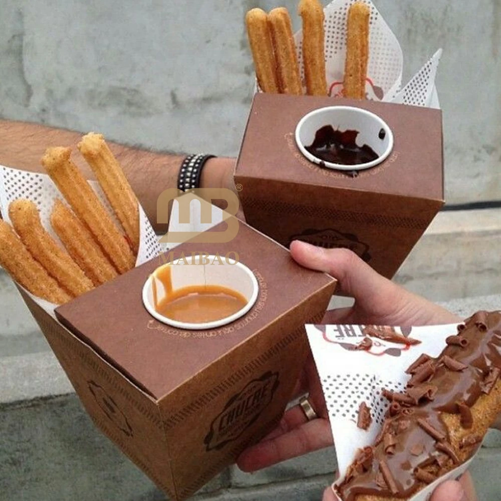 custom logo french fries paper cone with Ketchup Sauce tray divider compartment waffle packaging conicals takeout churros box