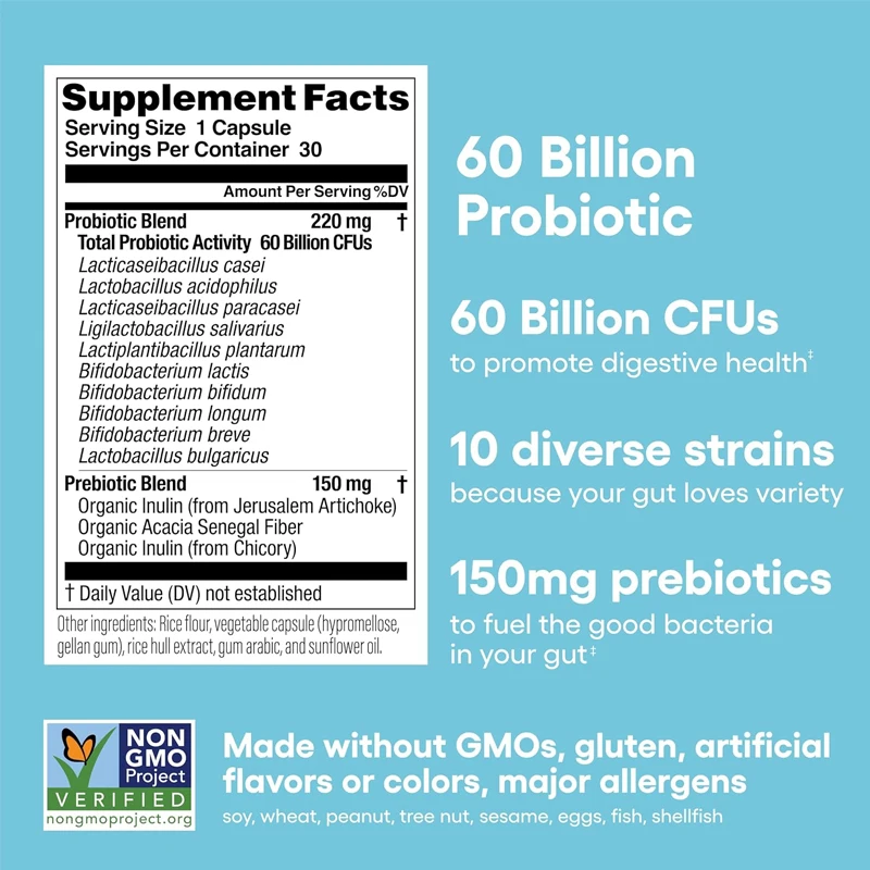 Probiotics Capsules Supplement 60 Billion CFU Organic probiotic and prebiotic formula capsules Immune Health for Women & Men
