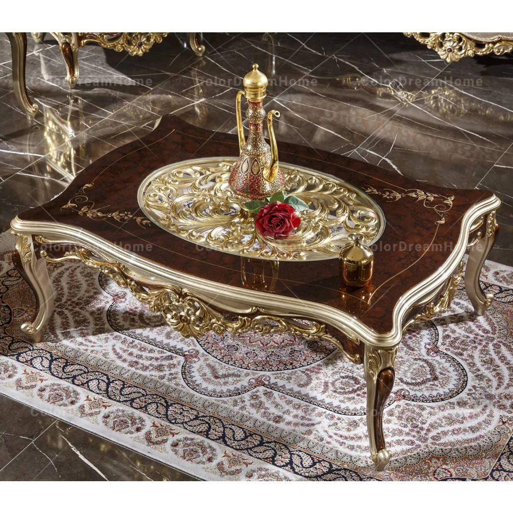 Luxury Villa Furniture European Carved White Gold Coffee Table Set Classic Design Glass Top Center Table For Living Room