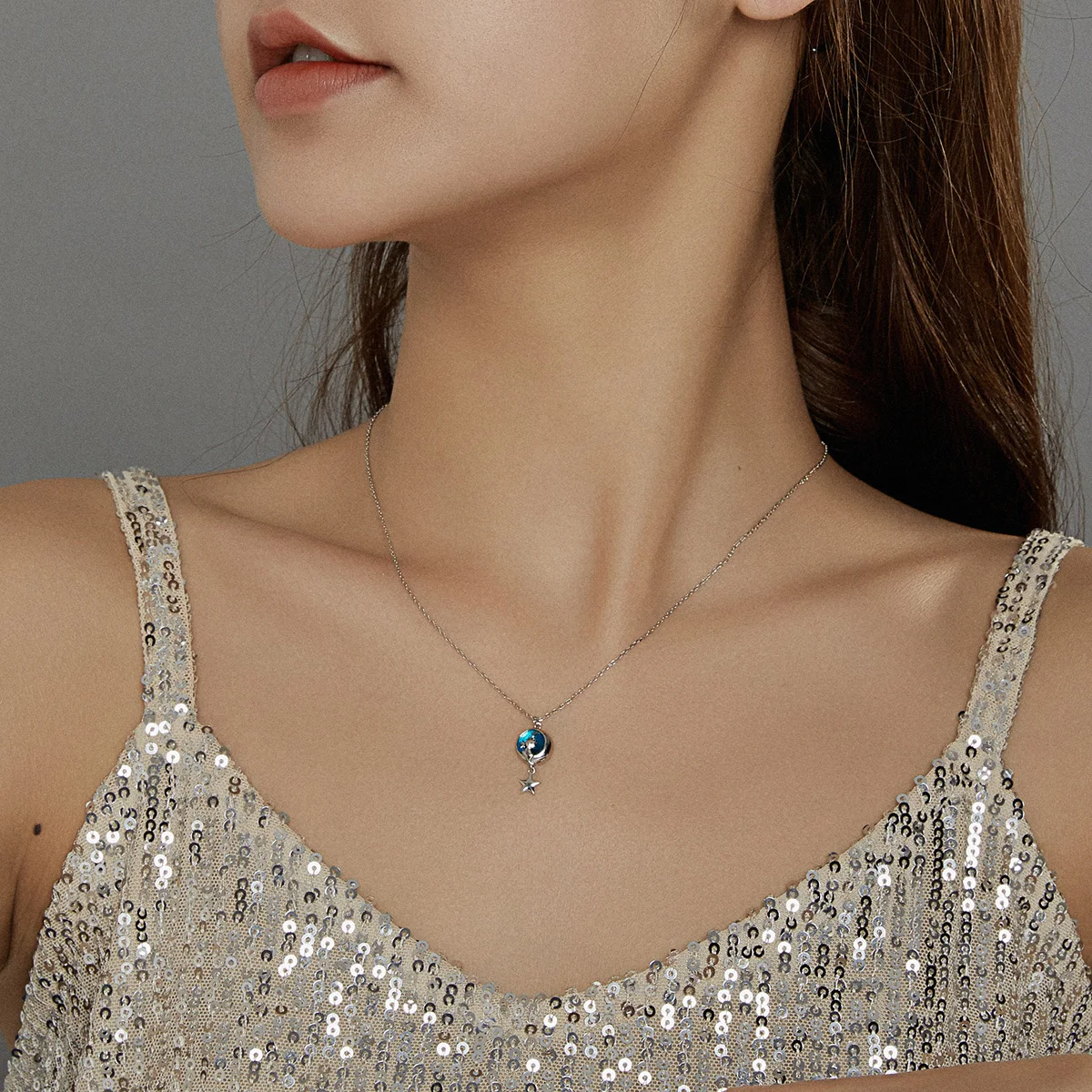 Enamel Jewelry Necklace 925 Sterling Silver White Gold Plated Celestial Stars Moon Pendant Cat Chain Necklace