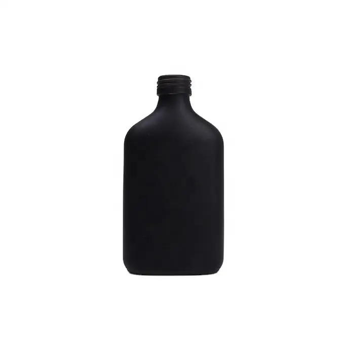 wholesale Matte Black glass bottle 100ml 200ml 250ml Flat Flask Liquor Vodka Glass Wine Bottle with Lid customization