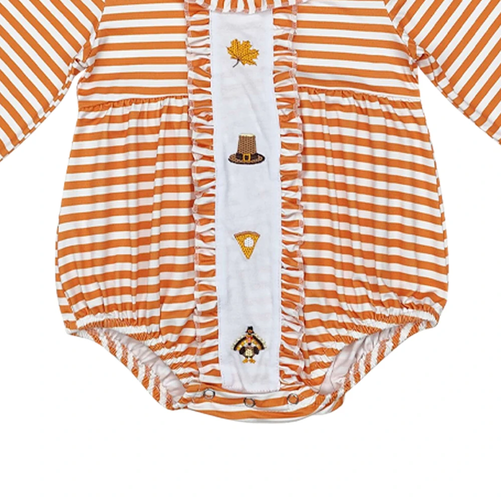 Thanksgiving clothe romper orange stripe long sleeves embroidery pumpkin pie turkey wholesale baby girl Thanksgiving romper suit