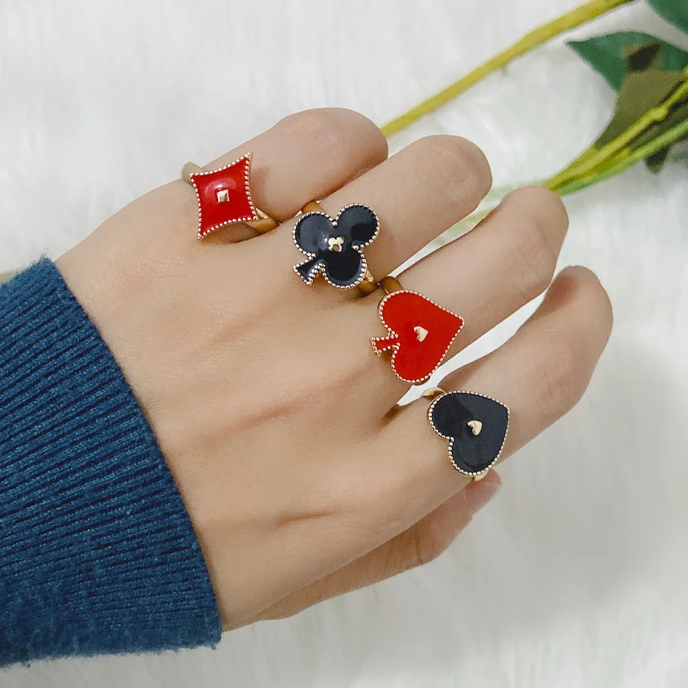 Special Design Oil Drop Hearts Clubs Diamonds Spades Rings Adjustable Red Black Poker Cards Symbol Rings Set