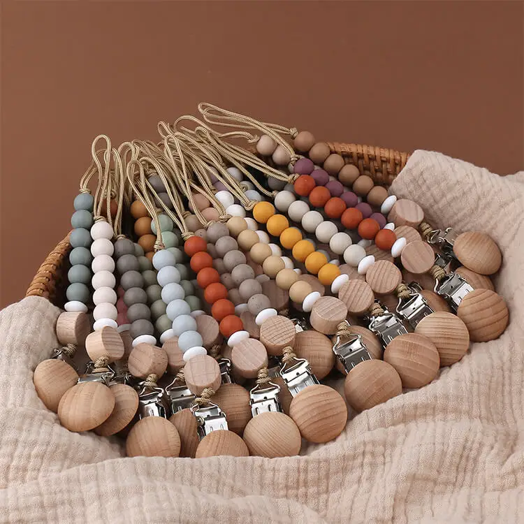 Baby Pacifier Clip Chain Newborn Chew Toy Nipple Holder Soother Bead  Infant Wooden Clip Teether Strap