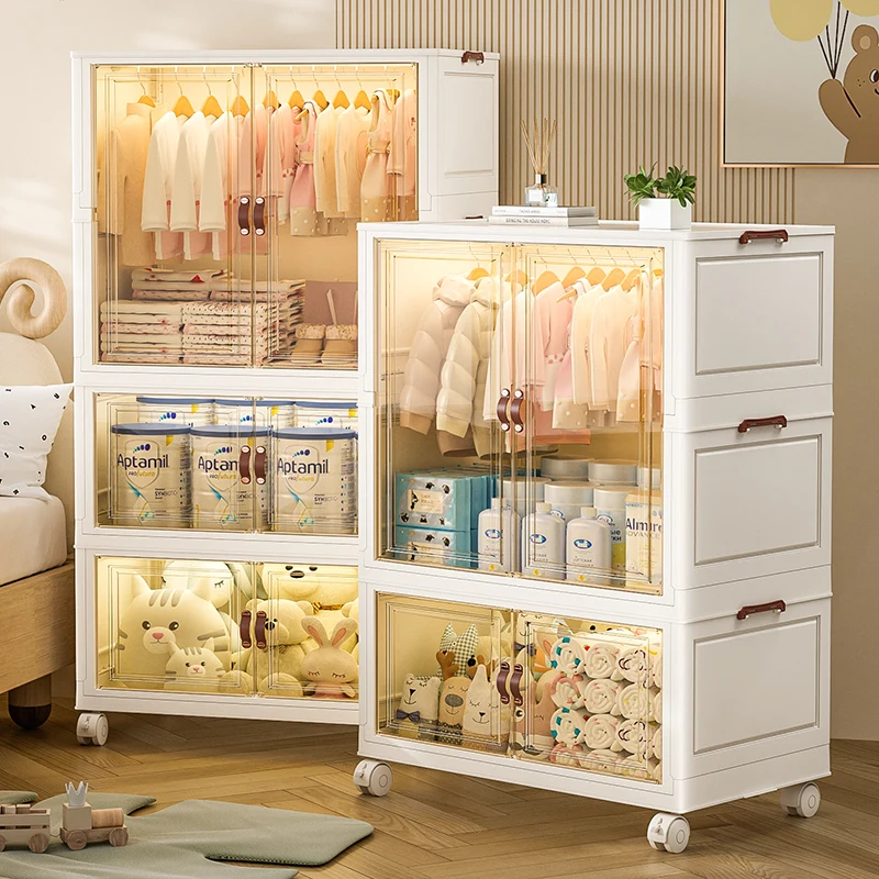 Kids Wardrobe Transparent Plastic Foldable Storage Cabinet For Cloth