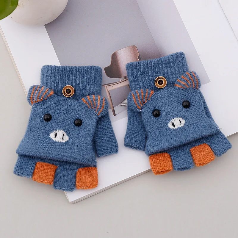 Winter Cute Cartoon Children Fingerless Glove with Mitten Cover Knit Warm Student Text Convertible Flip Top Half Finger Gloves