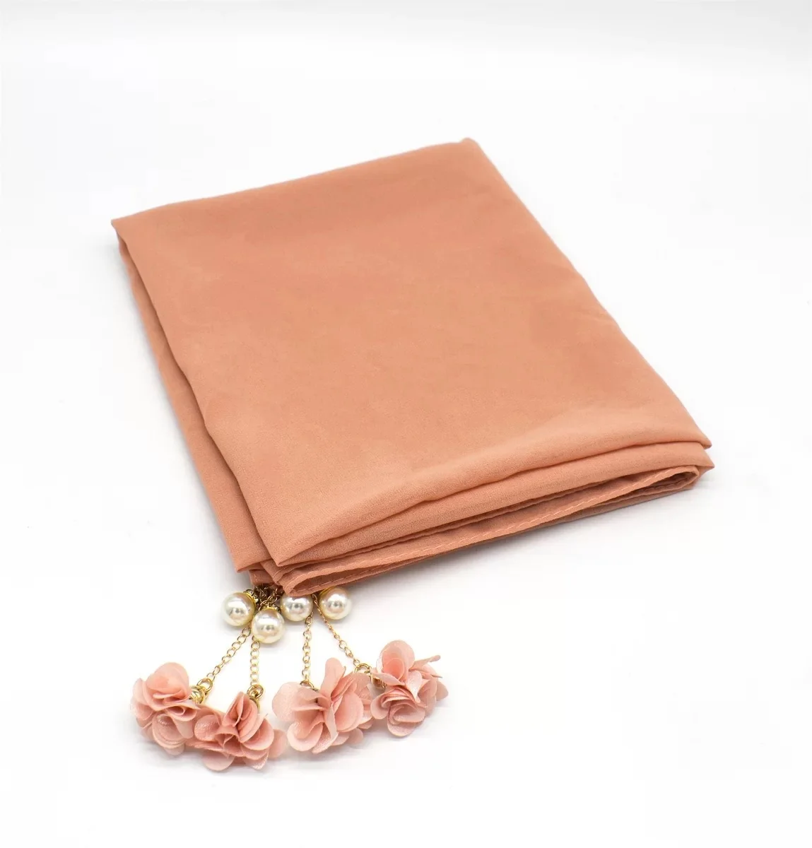 Newest Design Solid Color Chiffon Hijab Malaysia Plain Tudung Bawal Comfortable Women Fashion Scarf With Floral Pearl Tassel