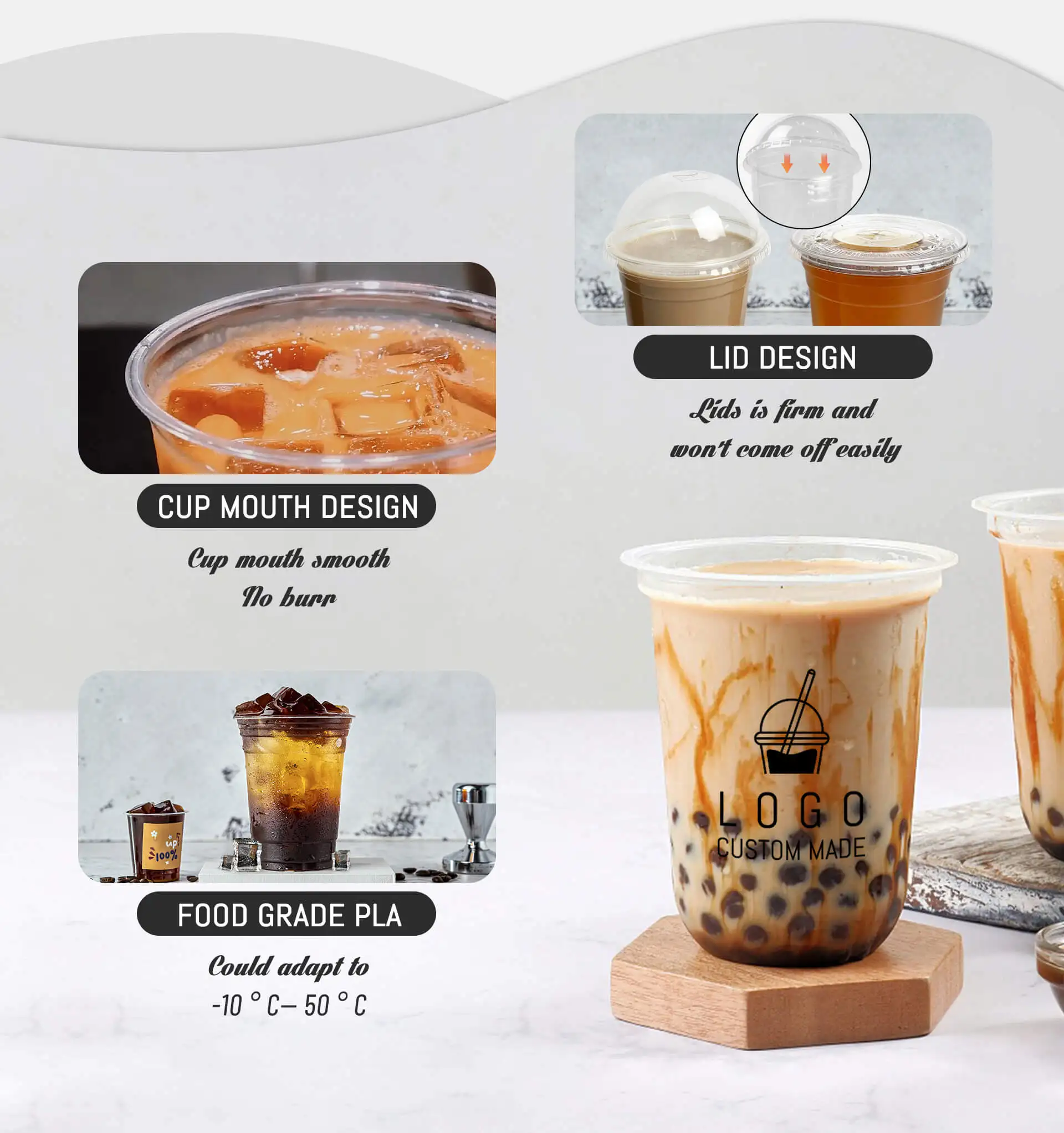 100% biodegradable disposable 2 16 12 32 oz CPLA plastic lid clear cold beer milk tea coffee sauce U shaped PLA custom cup