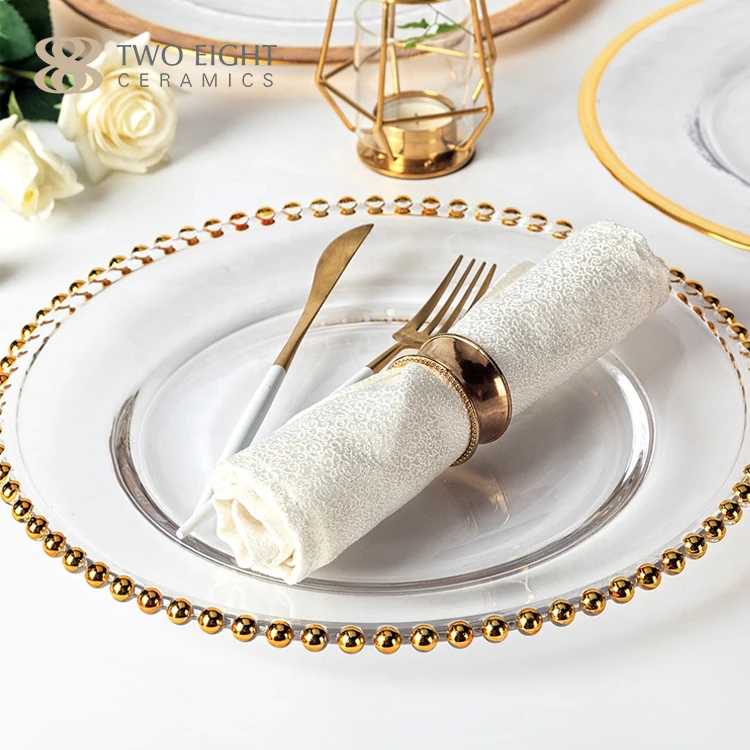 High Quality Full Size Hotel Restaurant Dinner Under Plate Round Gold Beaded Glass Chargers Plates for Wedding