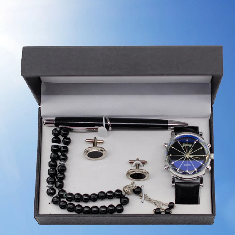 New 4Pcs/Set Watch For Men Fashion Gift Box Watches Set Male Cufflink Pen Wristwatch Bead Bracelet Cheap Business Gift