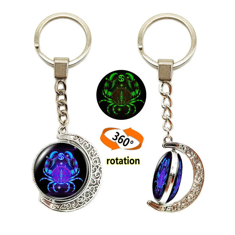 Mini Glass Ball 12 Zodiac Symbol Casual Personality Horoscope Signs Pendant Luminous For Birthday Gift  Metal Keychain