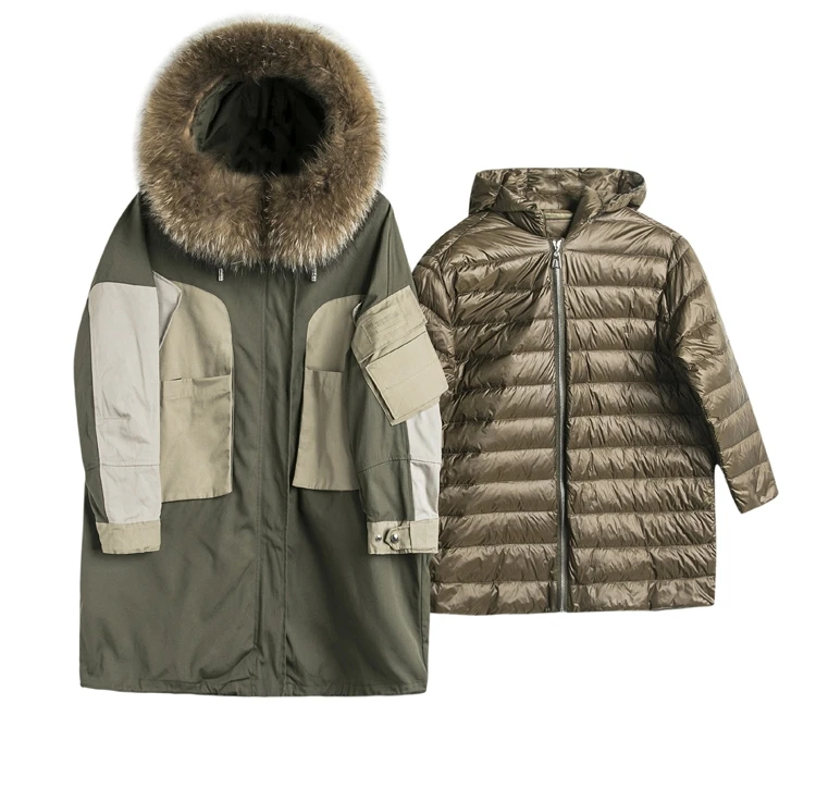 CX-G-D-21A Winter Army Green Women Overcoat Parka Coats Ladies Long Warm Down Coat with Big Real Fox Fur Collar