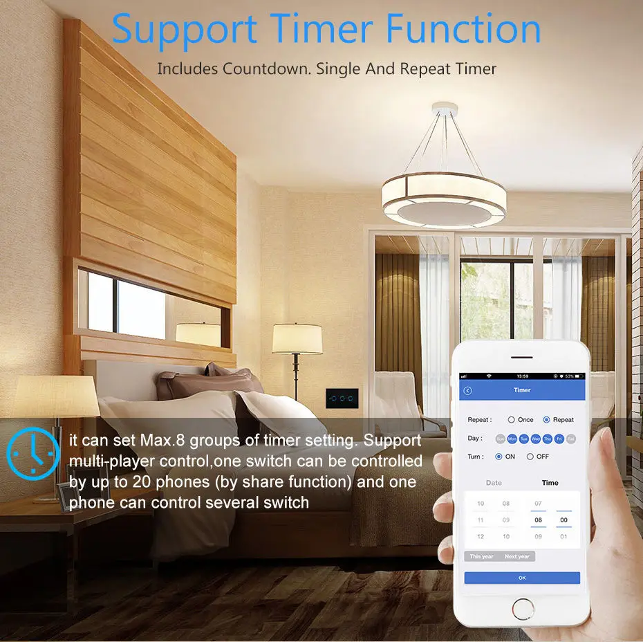 220V EU UK 1 Gang Remote Double Wall Light Switches Phone APP Touch Panel Tuya ewelink Dual Control 2 Way WiFi Smart Switch