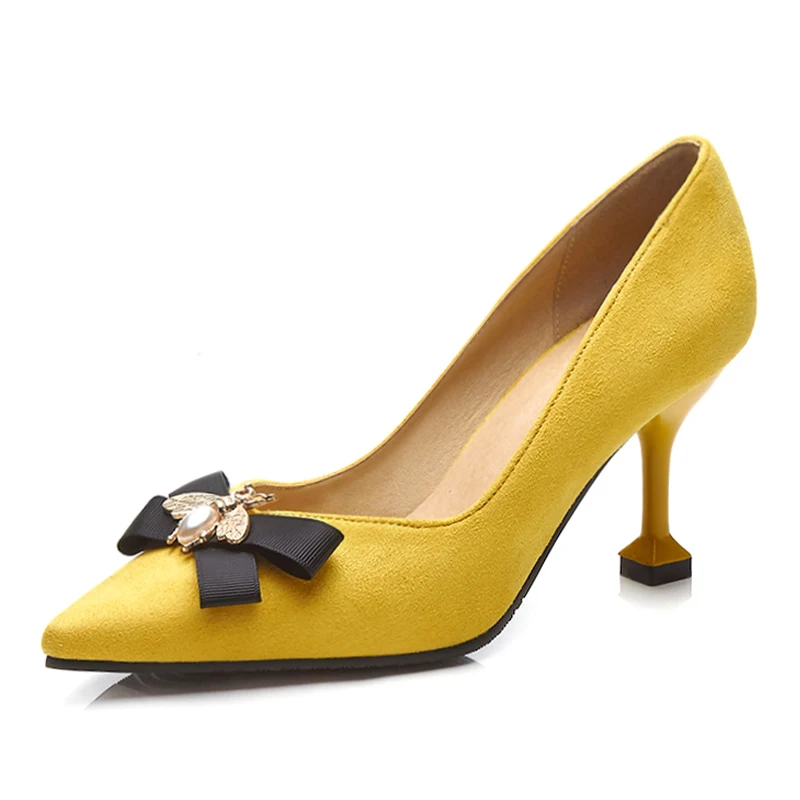 Butterfly-Knot Suede Pumps Women Pointed Toe Strange Style Stiletto Heels Shallow Career Office Ladies Weddings Platform Shoes