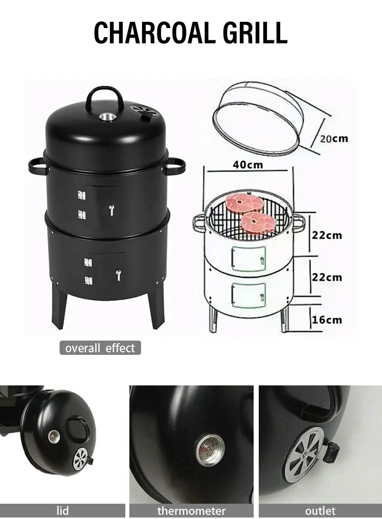 Wholesale outdoor cylinder barrel shaped 3 layers tower vertical smoker bbq  skewer barbecue charcoal grill For Garden