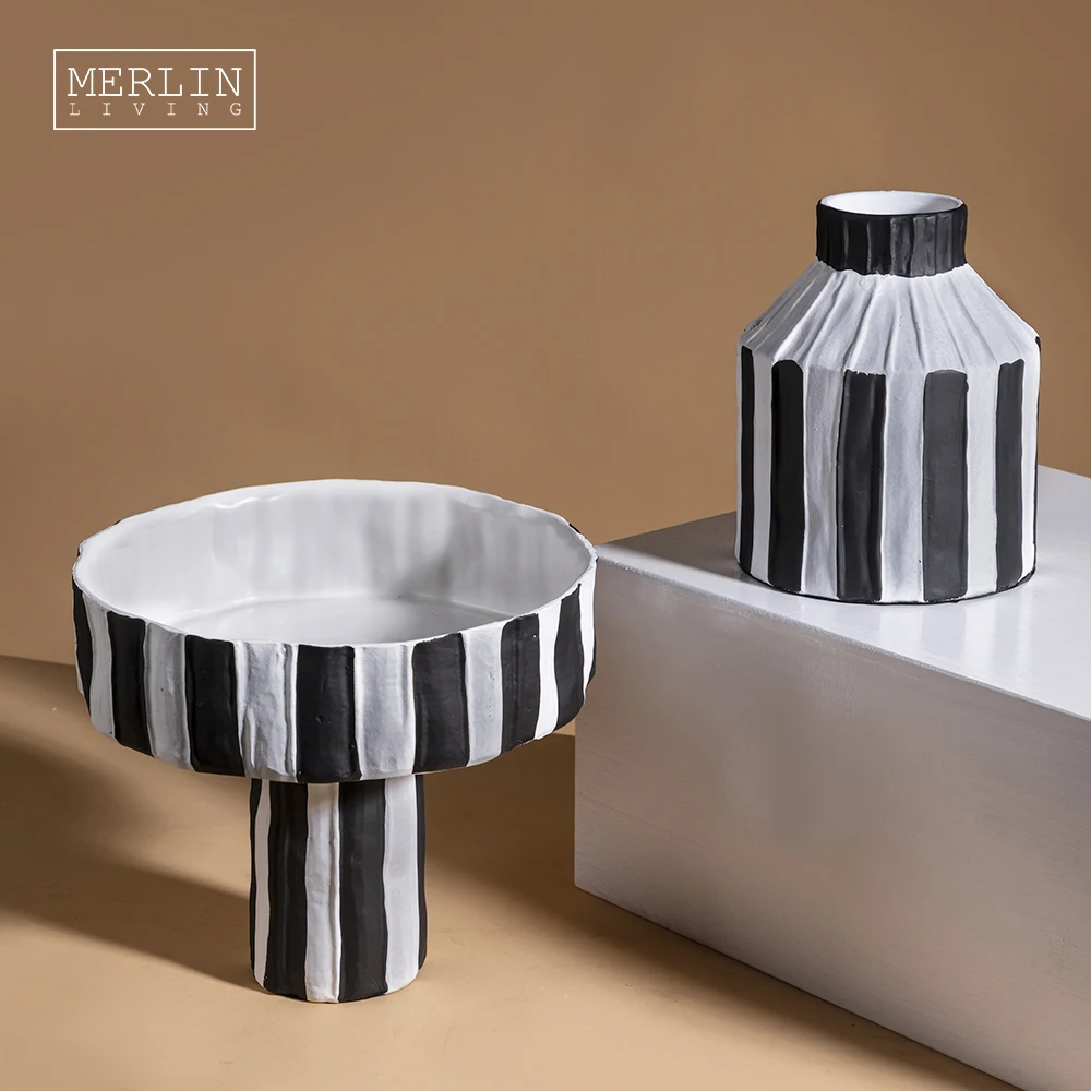 Merlin Living home decoration modern ceramic Morandi vase Nordic striped black and white vase for ceramic vase