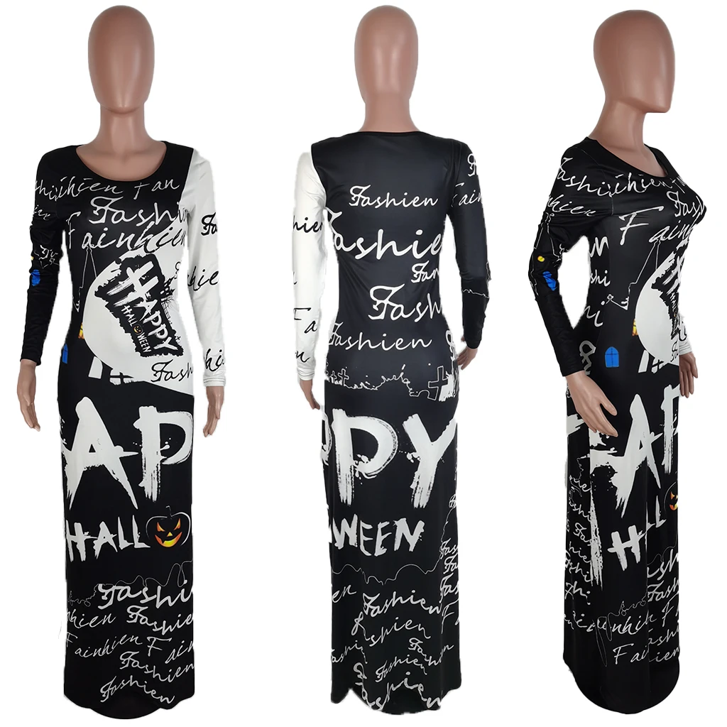 Foma- F6610 2020 Fashion women fall dresses letter print overall long sleeve casual long dresses women maxi