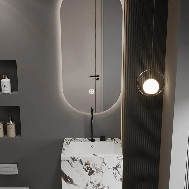High-end rock slab pedestal basin Bathroom Ceramic Hand Wash Pedestal Sink with smart mirror