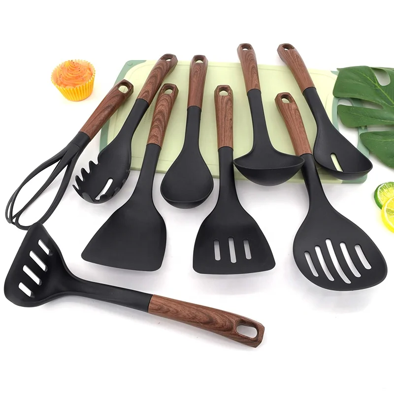 High Quality kitchenware set Cooking Utensils Tools Printing PP Handle Kitchen Utensils Set with Wooden handle