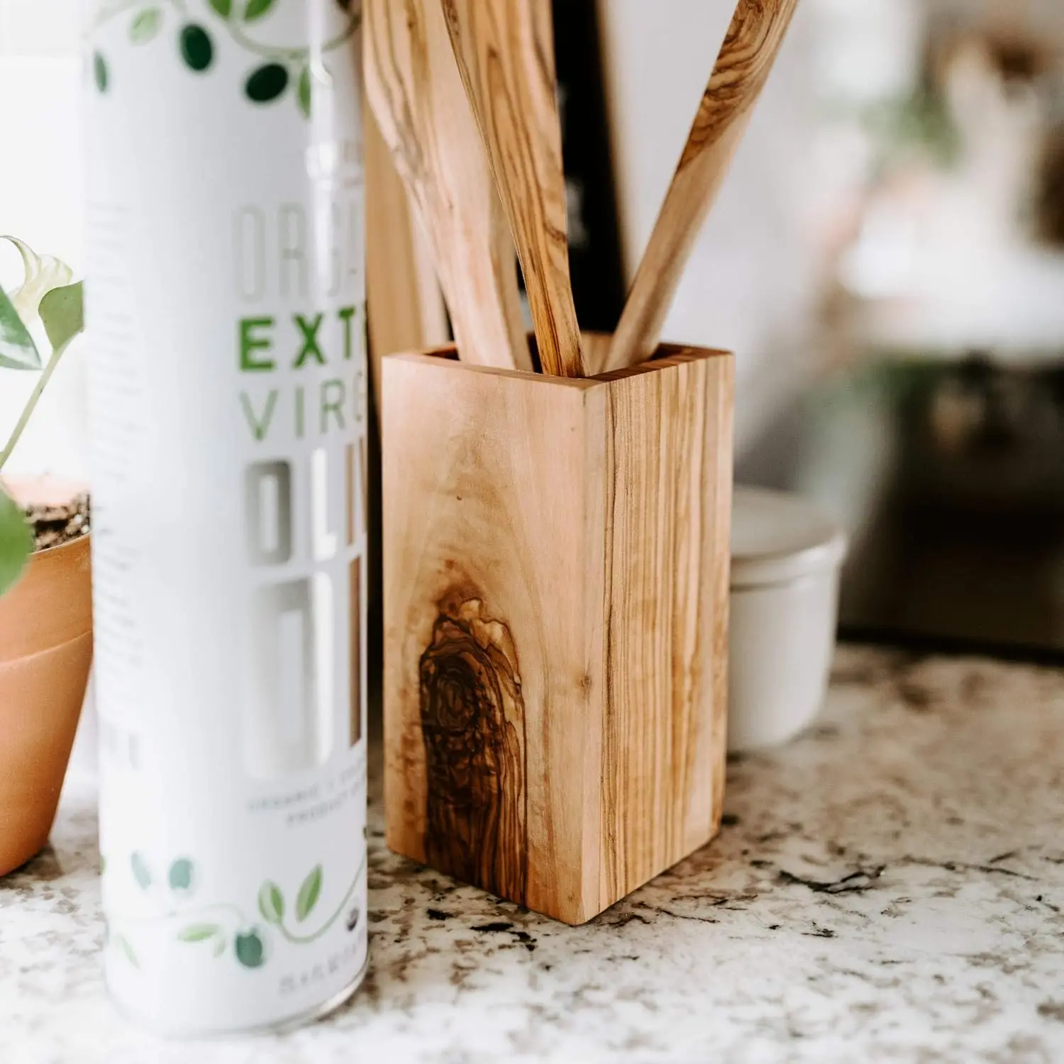 Olive Wood Utensil Holder 6 Inch Tall Square Wooden Crock for Kitchen Tools and Cooking