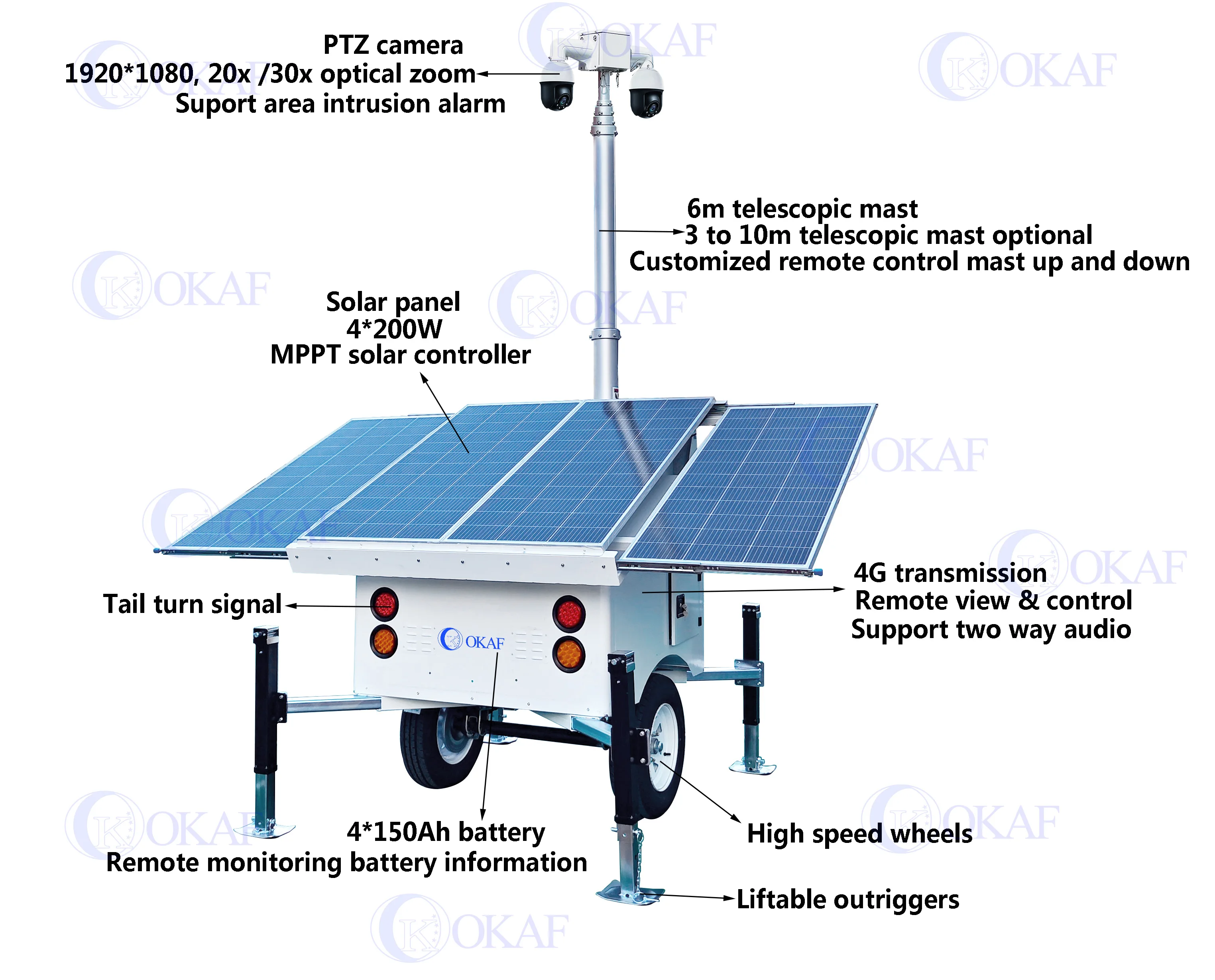 OKAF Outdoor Construction Site CCTV Security Camera Mast Tower Mobile Solar Surveillance Trailer