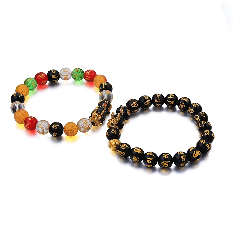 Оптовая продажа, недорогой браслет, наручный браслет Pixiu, браслеты на удачу, имитация обсидиана, 6 слов, фэн-шуй