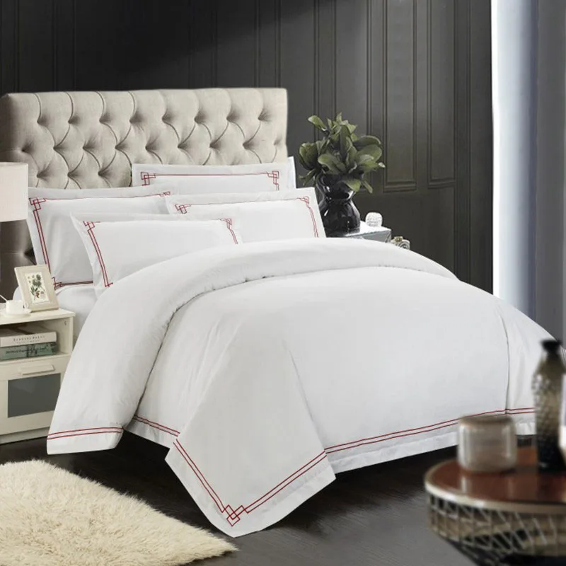 cheap factory hotel bed linen 300tc white cotton border embroidery bedding set bed sheets for hotel