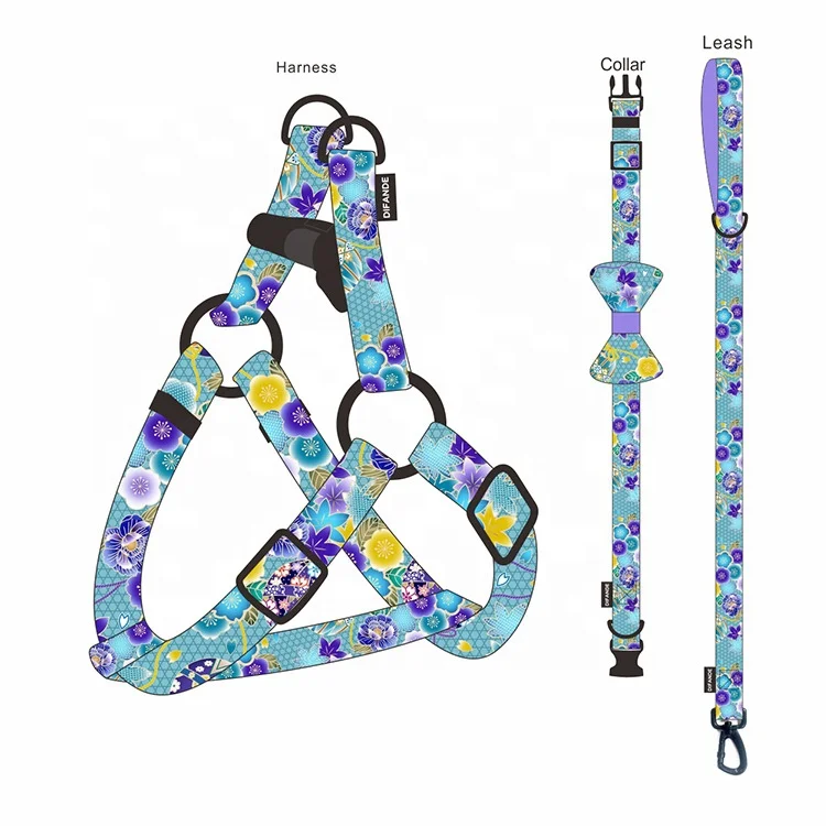OEM/ODM Personalized Pet Accessories Print Reflective Reversible Quick Release Padded Polyester Pattern Dog Harness Set