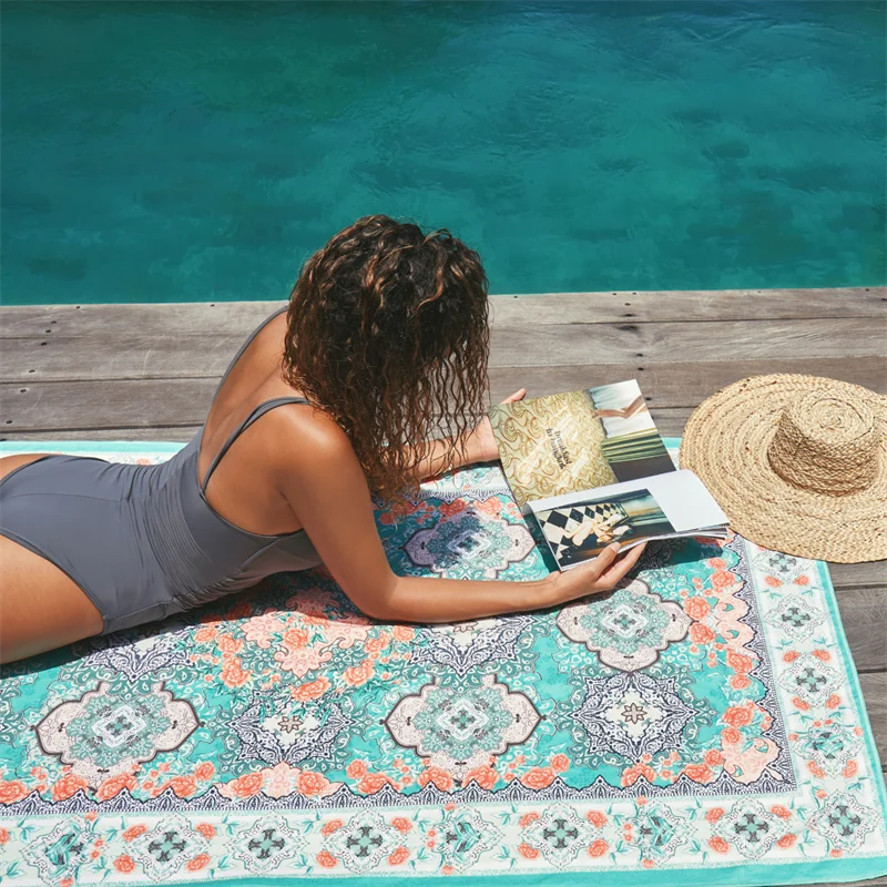 High Quality Print Microfiber Beach Towel With Logo Water Absorption palm tree Sand Free Custom Beach Towel elastic ban