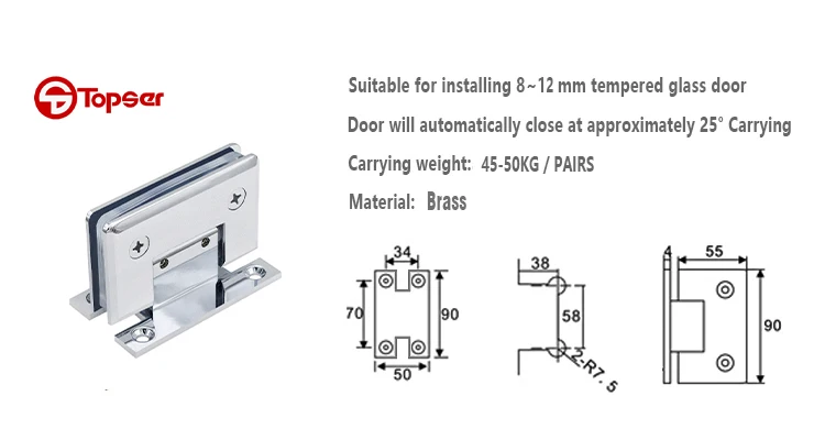 TOPSER Solid Brass 90 Degree Adjustable H Type Wall to Glass Mount Shower Door Pivot Hinge Hardware