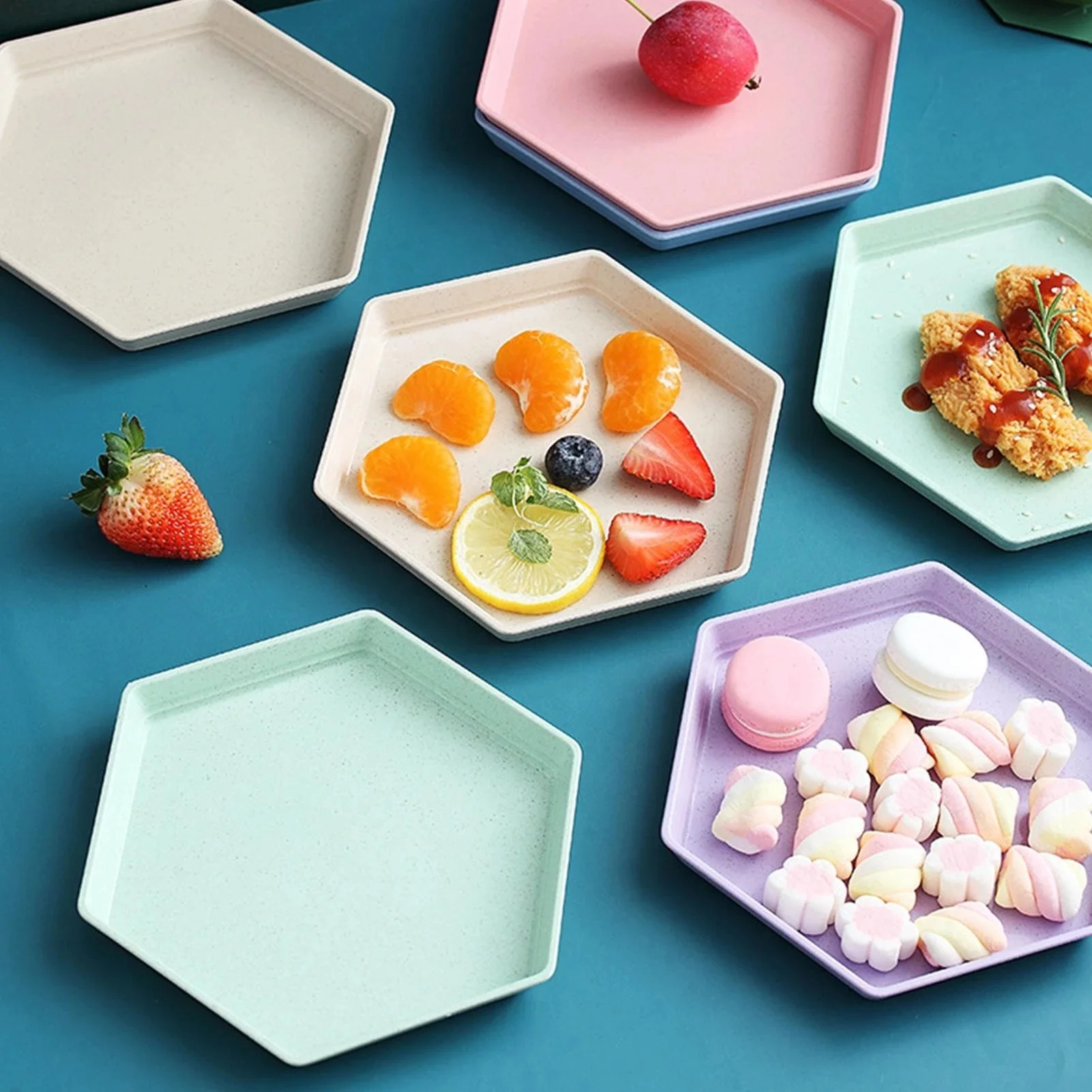 Hexagon Party Dessert Snacks Melon Seeds Wheat Straw Thicken Tray Fruit Plate Dishes Lunch Box