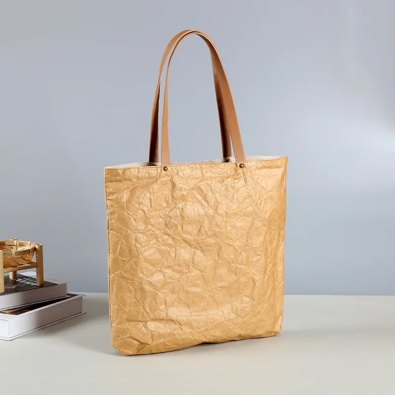 Kraft Tyvek Paper Bag With Leather Handle Shopping Bag