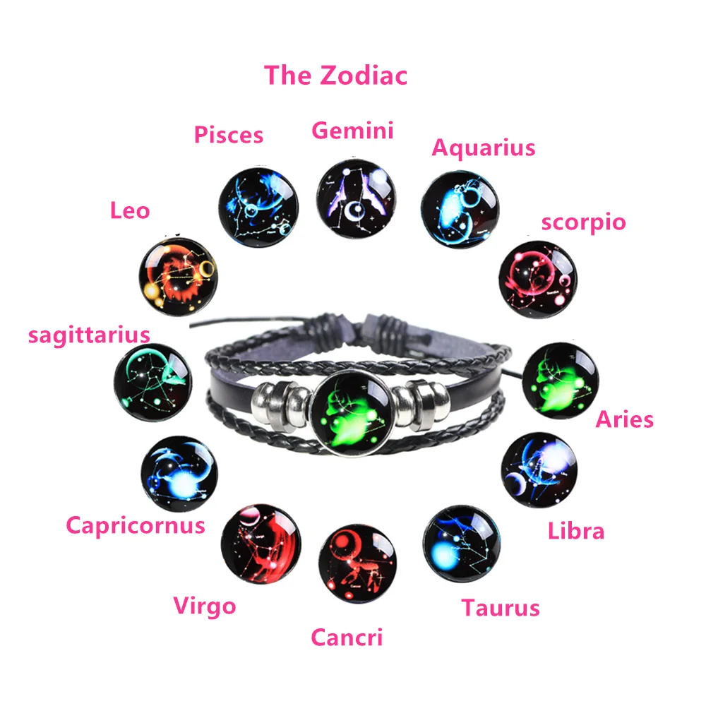 Adjustable Wrap Leather Light Luminous 12 Constellations Jewelry Zodiac Men Leather Bracelet