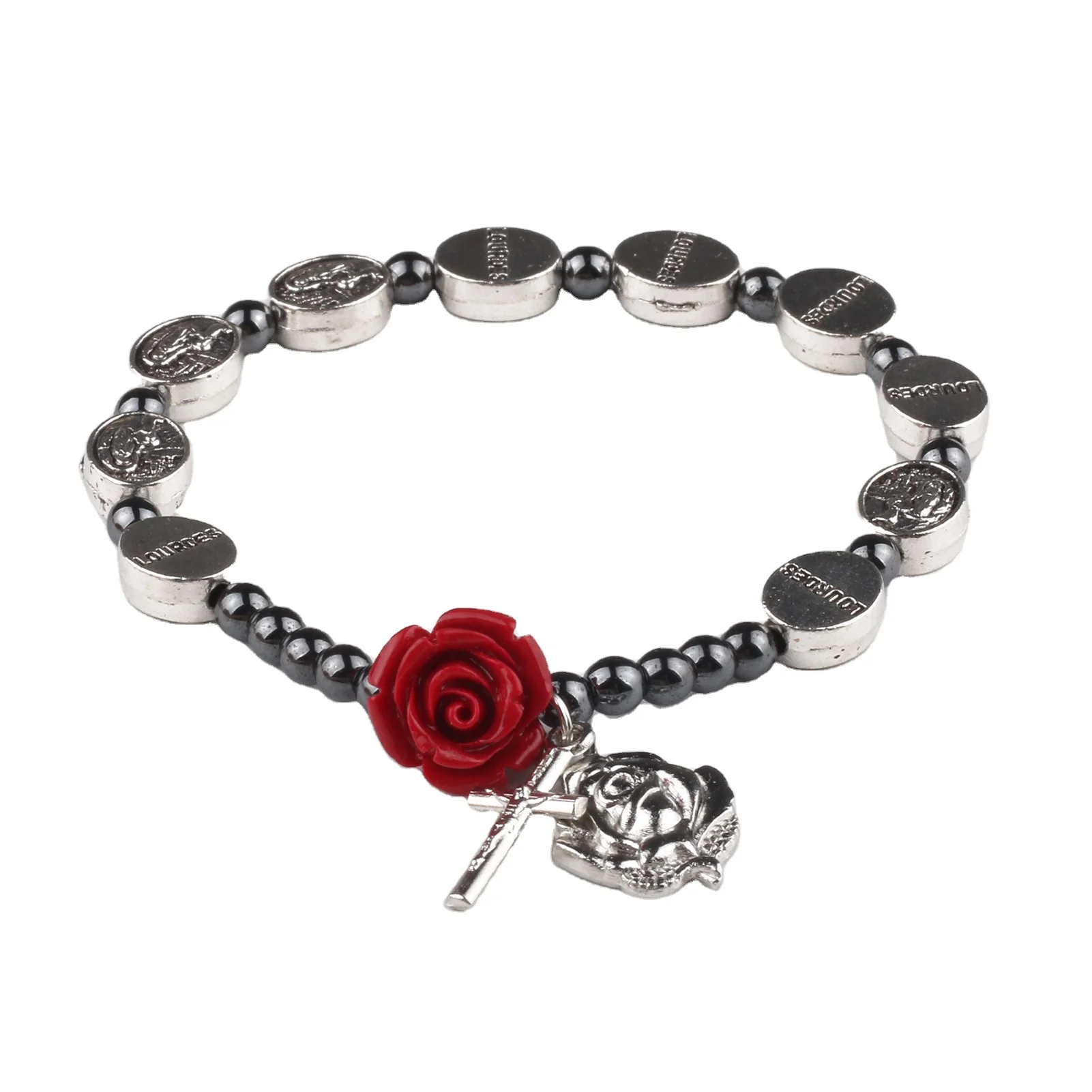 8x10mm Lourdes metal beads with Hematite beads and coral rose beads catholic bracelet on elastic