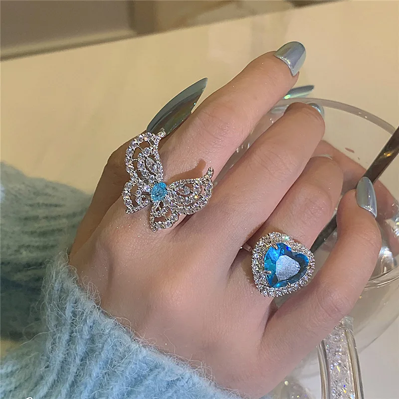 JUHU Ice and Snow Fairy Tale Series Ring Micro-inlaid Zircon Ice Blue Love Heart Opening Ring Crystal Butterfly Ring Female