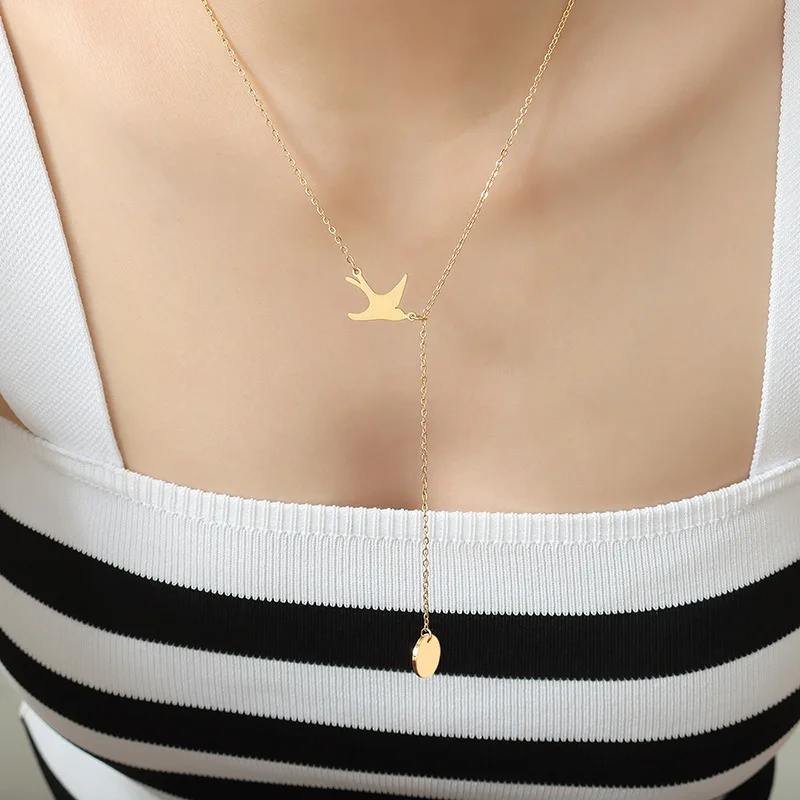 Vershal VSB1690 18k Gold-plated Stainless Steel Swallow Round Pendant Tassel Custom Logo Necklace