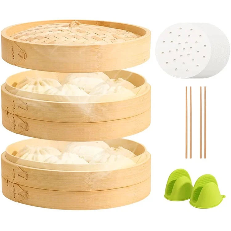 Bambus Pot Reusable Momo Kitchen 2 Tiers Package Tasty Bao Buns Commercial Dumpling Bamboo Steamer Set With Cotton Liners