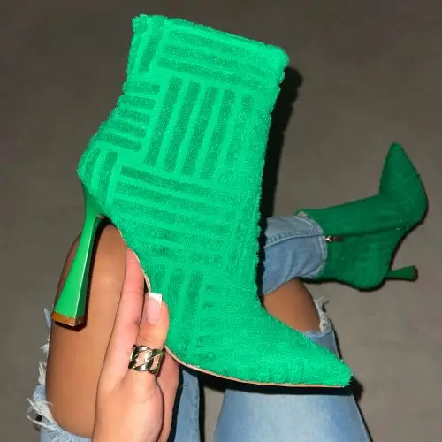 BSM1064 2022 new towel material high heel pointed toe white winter women ankle boots