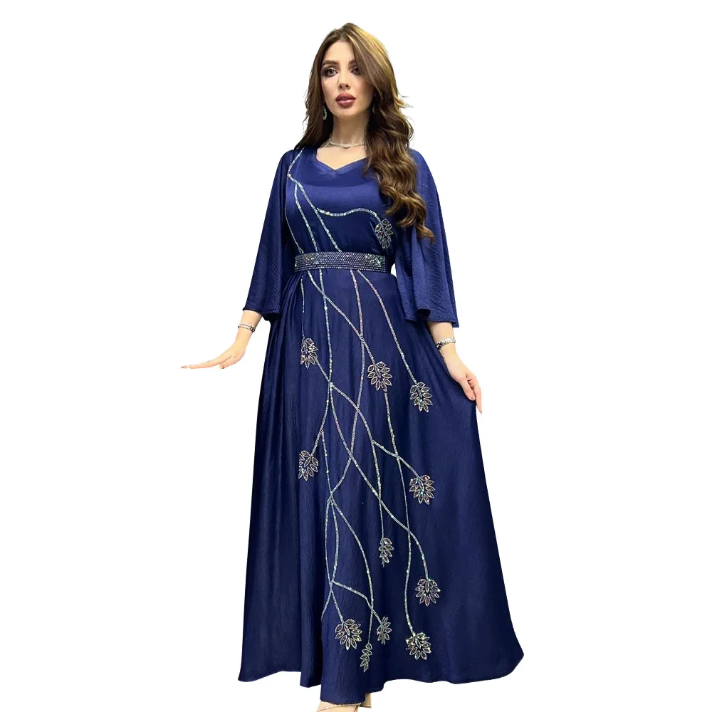 Women Diamonds Dubai Abaya Flare Sleeves Leaf Pattern V Neck Fashion Muslim Robe Evening Dress