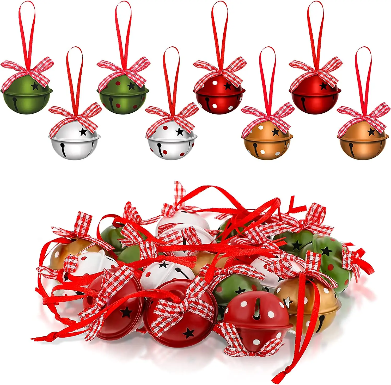24-piece Christmas Bell Small with Star Hollowed-out Bow Dot Colored Craft Tree Ornament