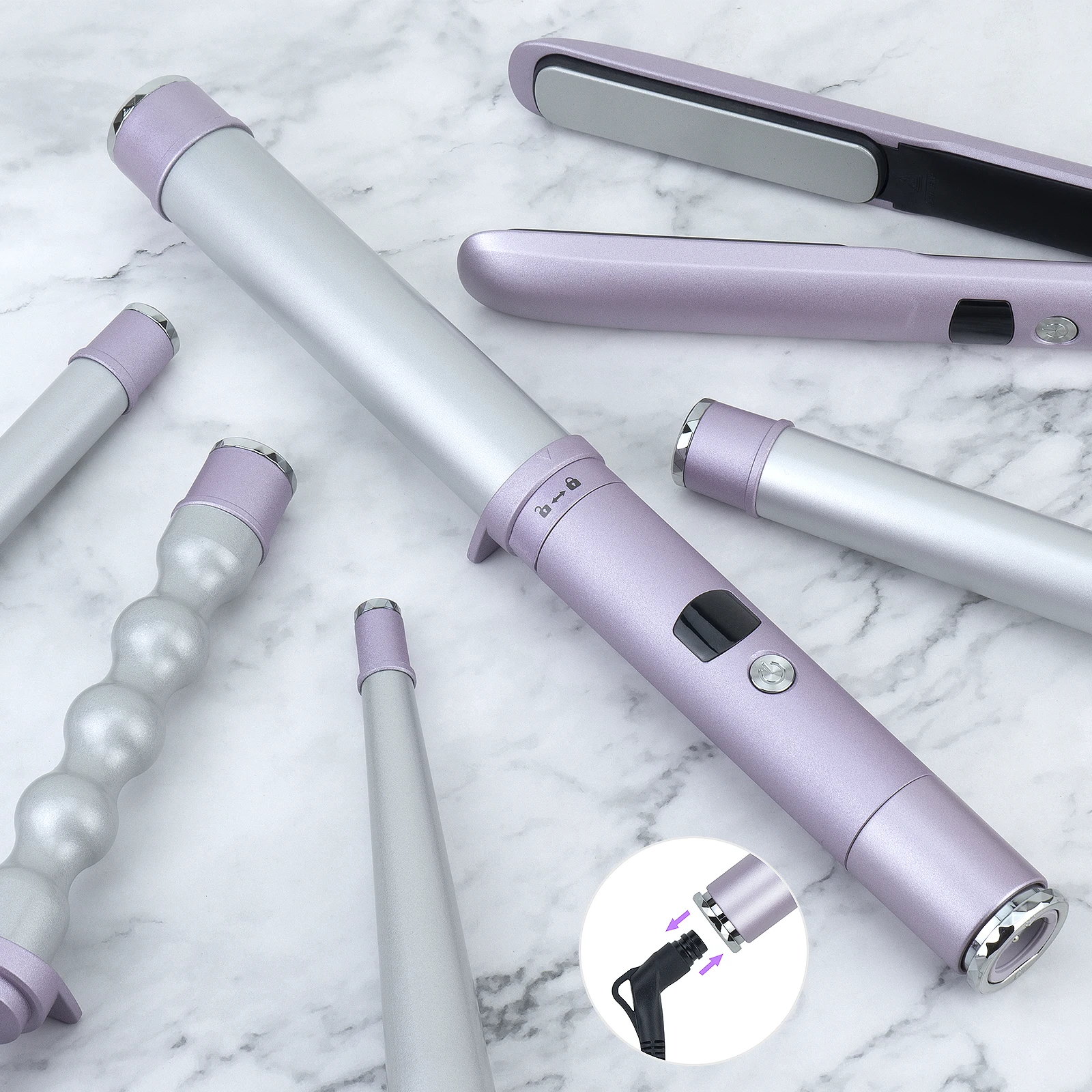 Interchangeable heating barrel hair curler set,  curling wand with patent detachable power cord