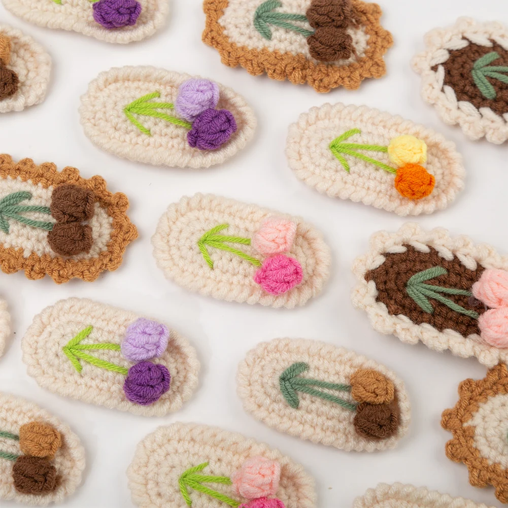 Crochet Knitted Tulip Baby Girls Hair Pins 7cm Sweet Flower Snap Clips Hairgrips Handmade Safety Hair Bows Accessories
