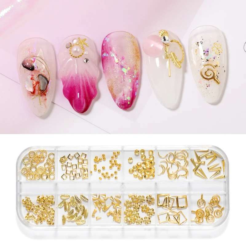 Gold Nail Art Alloy Studs Seaside 3D Decorations Sea Shell Star Feathers Charm Metal Frame Rivets Nail Sequin Accessories