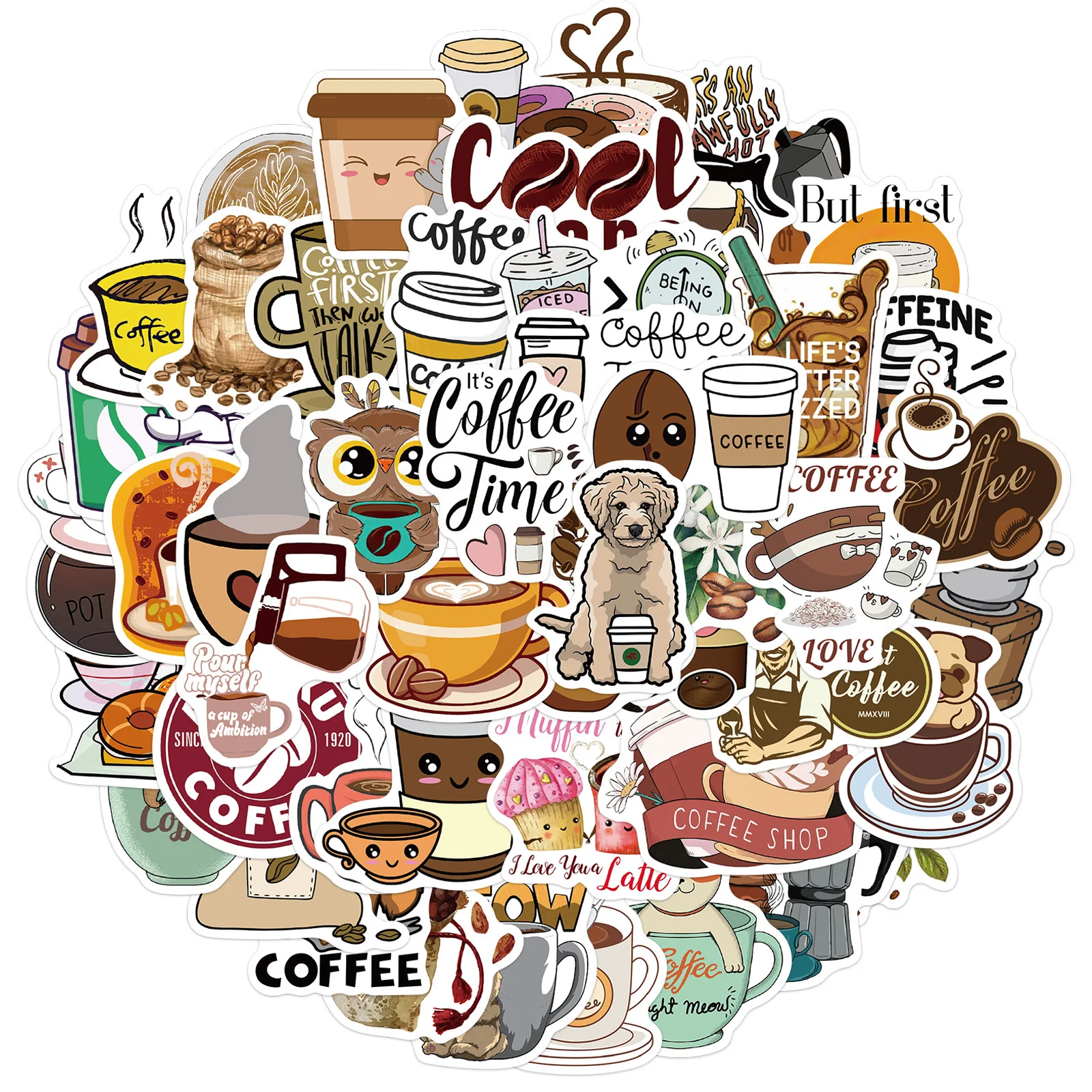 50pcs/bag Waterproof PVC Vinyl Removable cute I love Coffee Time stickers  kawaii stickers