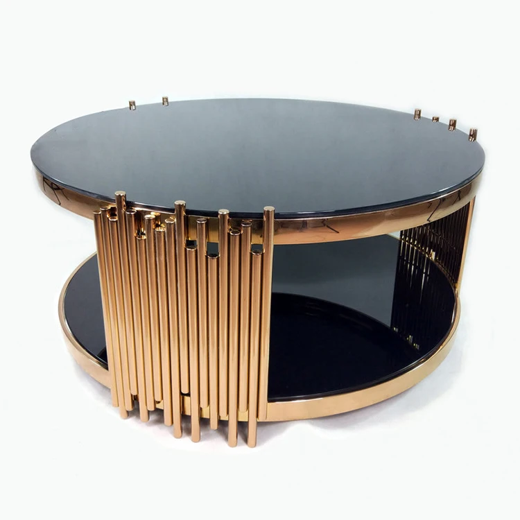 Luxury design Elegant black tempered glass coffee table set SKD gold tube stainless steel round coffee table