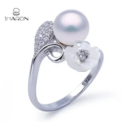 Manufacturer Wholesale Sharon Shell Flower Leaf 925 Sterling Silver Pearl Fashion Adjustable Ring For Women